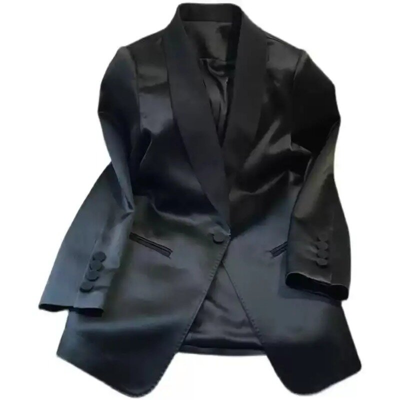 Insozkdg 여성용 캐주얼 빈티지 새틴 재킷, 작은 블랙 블레이저, 하이 퀄리티 여성 오피스 레이디 코트 상의, 2024 용수철 가을 신상