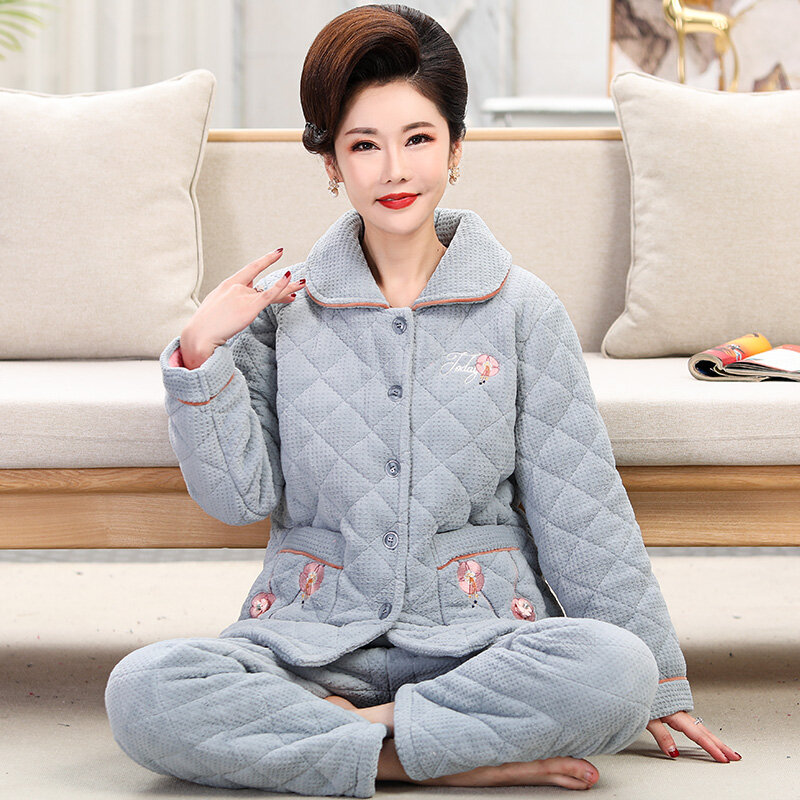 Women thick three-layer pyjamas big yards 3XL quilted pajamas winter thicken small flower tracksuit peignoir home