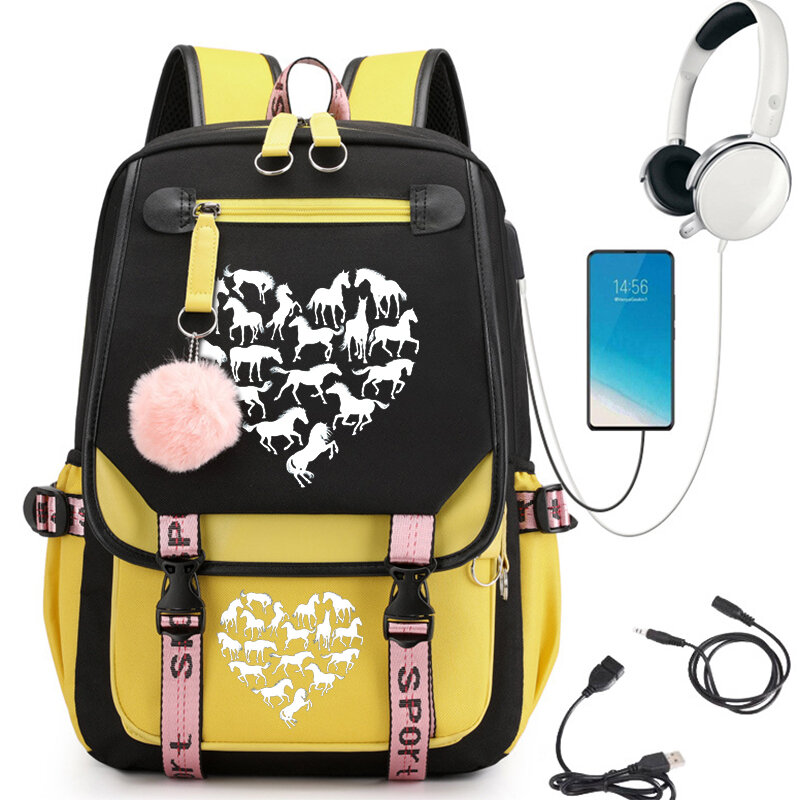 Bolsa de escola do anime do coração do cavalo para meninas, Mochila grande estudante, USB Bookbags, Sacos de desenhos animados, Estudante do ensino médio