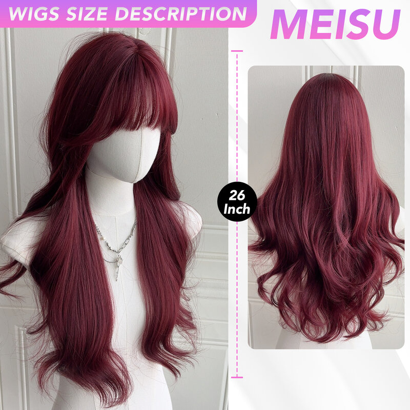 Meisu-女性のための深い赤い巻き波のかつら、フリンズ繊維合成かつら、耐熱性、自然なパーティーまたは自撮り、金、ピンク、茶色、26インチ