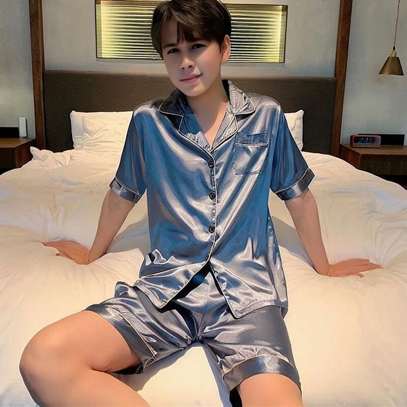 Lapel Single-breasted Pajamas Men's Summer Silk Pajama Set with Short Sleeve Shirt Elastic Waist Shorts Comfortable for Men