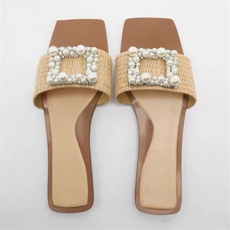 TRAF-Flats de pérolas artificiais para mulheres, chinelo elegante, dedos abertos quadrados, tecido chique, sapatos confortáveis bege, sandálias femininas