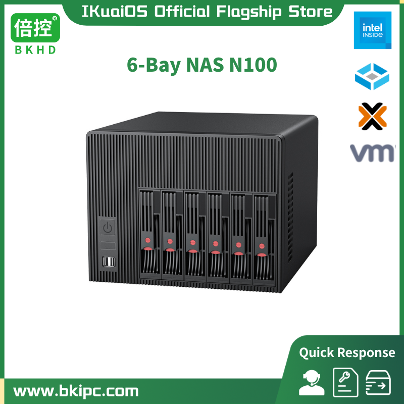 IKuaiOS-6-Bay N100 NAS, suporta NAS grátis, TrueNAS, Proxmox 2.5, 3.5-Polegada SATA, SSD, HDD, adequado para negócios domésticos, PCIe expansível x1