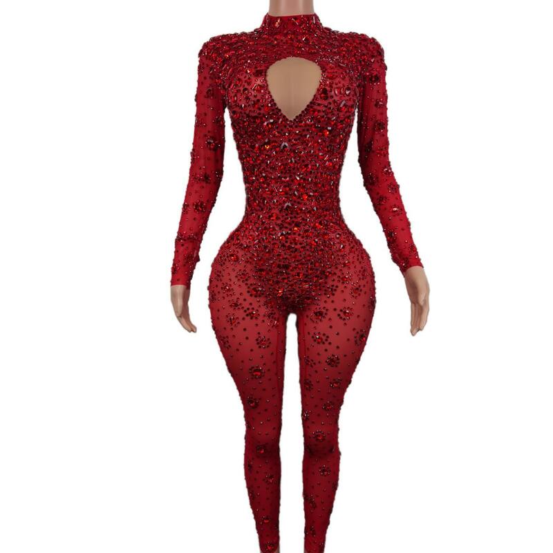 Sexy High-end Gorgeous Perspective Rhinestone Jumpsuit Long-sleeved Tights Nightclub Singer DJ Stage Performance Clothes Cuican