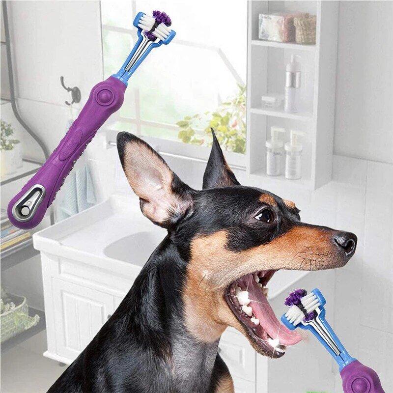 Três Lados Pet Toothbrush Três-Cabeça Multi-ângulo Toothbrush Limpeza Dog Cat Brush Bad Breath Teeth Care Tool Limpeza Boca