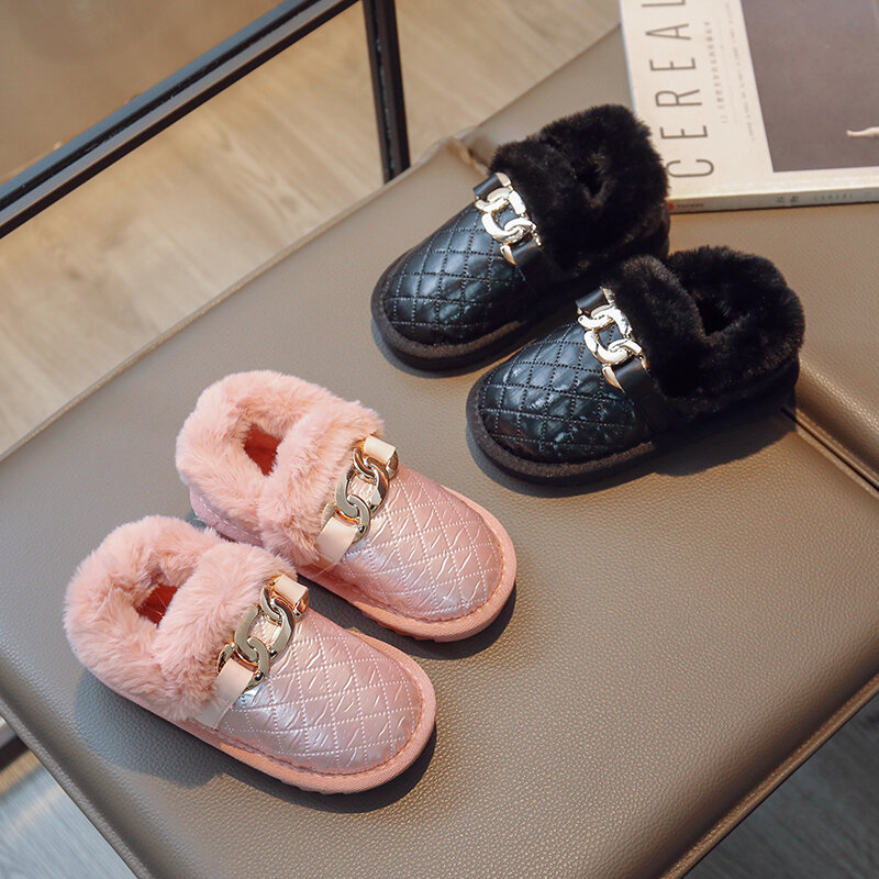 Туфли для девочек из хлопка 2023 зимние плюшевые теплые Нескользящие шерстяные туфли принцесса с цепочкой модные однотонные на шнуровке в Корейском стиле новинка