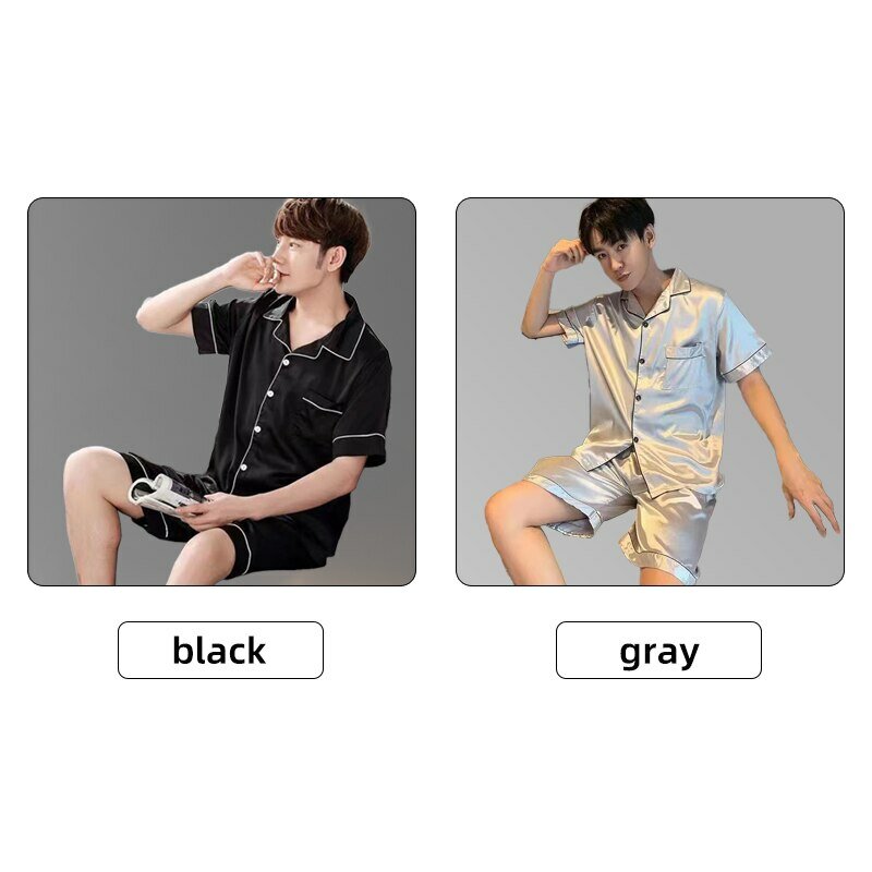 Men Ice Silk Pajamas Sleepwear Pajama Set Nightclothes Black Gray XXL 3XL 4XL Shirts Shorts Smooth Solid Color Casual
