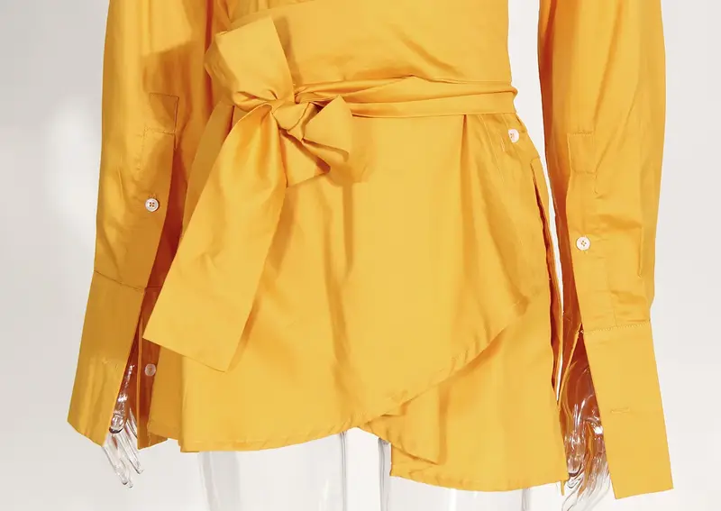 Kemeja wanita kuning dengan sabuk, pakaian kerja Bisnis Wanita lengan panjang 1 potong mantel jaket Blazer panjang