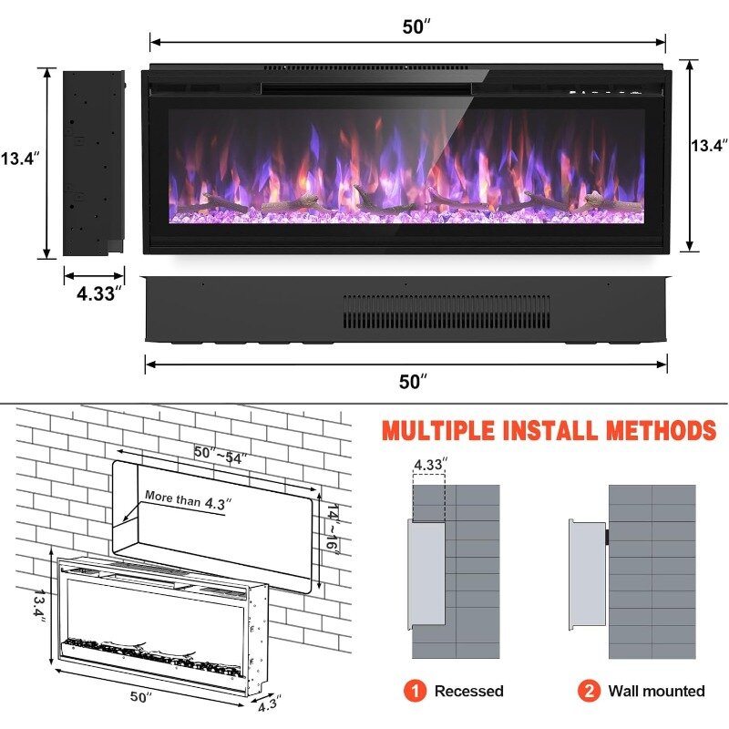 50 Inch Electric Fireplace, Recessed and Wall Mounted Fireplace, with Timer, Remote Control, Adjustable Flame Color, Black