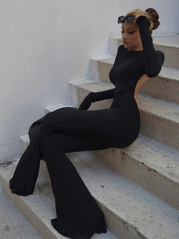 2022 Summer Y2K Solid Black Basic Bodysuit for Women Fashion Long Sleeves Backless Flare Pants Simple Casual Streetwear Overall