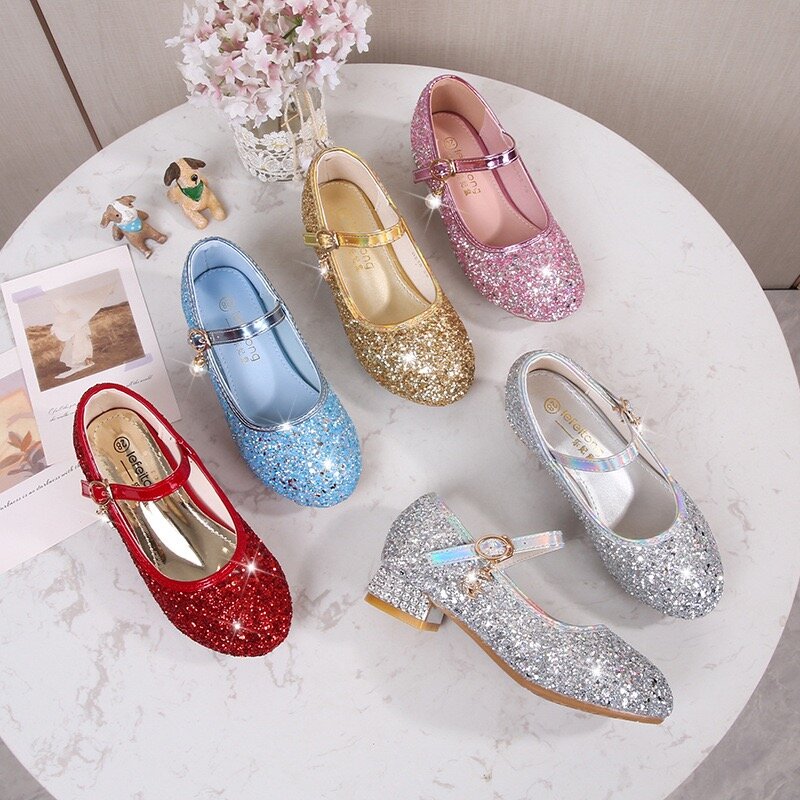 Zapatos de princesa para niñas, Sandalias de tacón alto con purpurina de cristal, hebilla de moda, zapatos de baile para niños, zapatos de cuero para fiesta, Primavera
