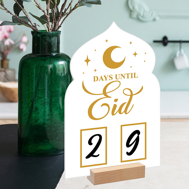Papan kalender Ramadan akrilik, dapat digunakan kembali hiasan meja dasar kayu Lebaran kedatangan hari Suhoor Iftaar hadiah hitung mundur dengan pena