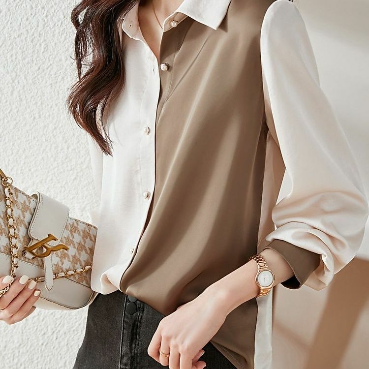 2024 New Chiffon Long Sleeved Shirt Women's Wear Hong Kong Style Color Blocking Elegance Fashion Outwear Casual Versatile