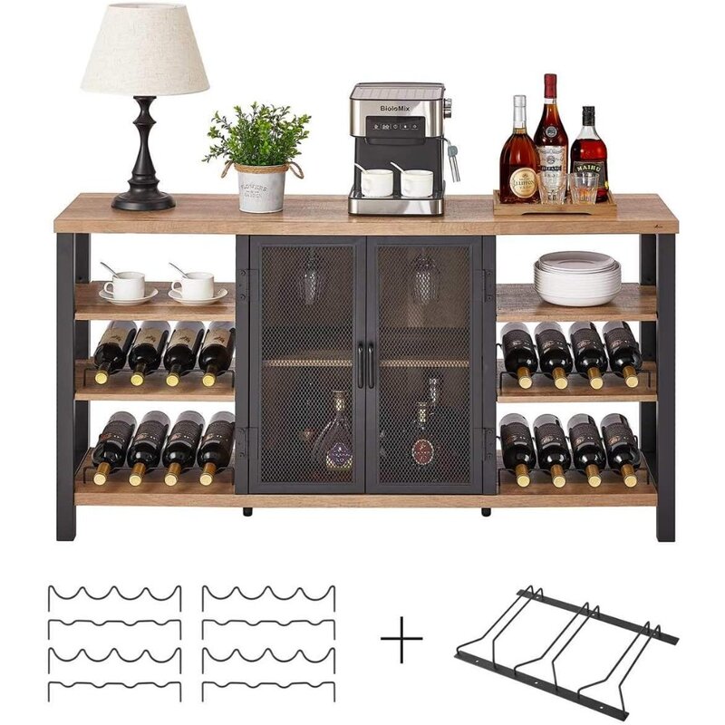 Industrial Wine Bar Cabinet for Liquor and Glasses, Farmhouse Wood Coffee Cabinet with Wine Rack, Metal Sideboard