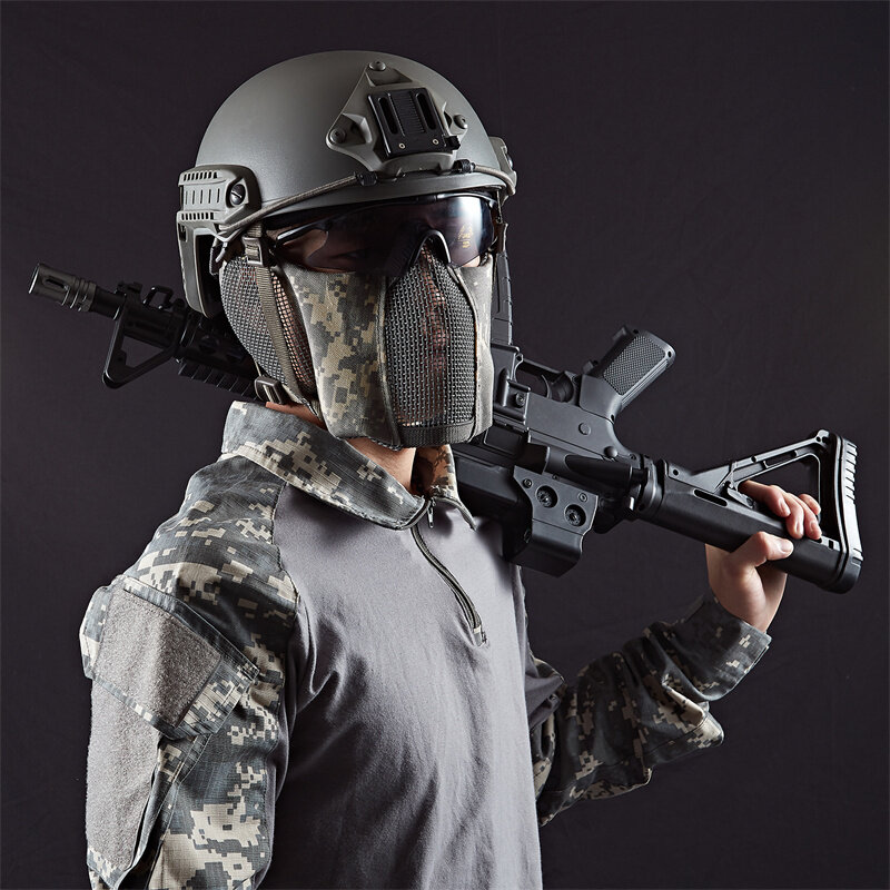 Zlangsports-mascarilla táctica de media cara para Airsoft, mascara protectora plegable de red de Metal, máscara protección para los oídos, ajustable, CS Wargame