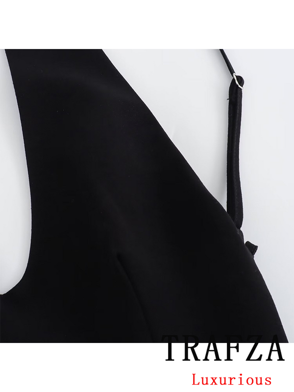 TRAFZA-Vestido corto negro liso para mujer, minivestido Sexy con cuello Halter, cremallera y Espalda descubierta, moda de verano 2024