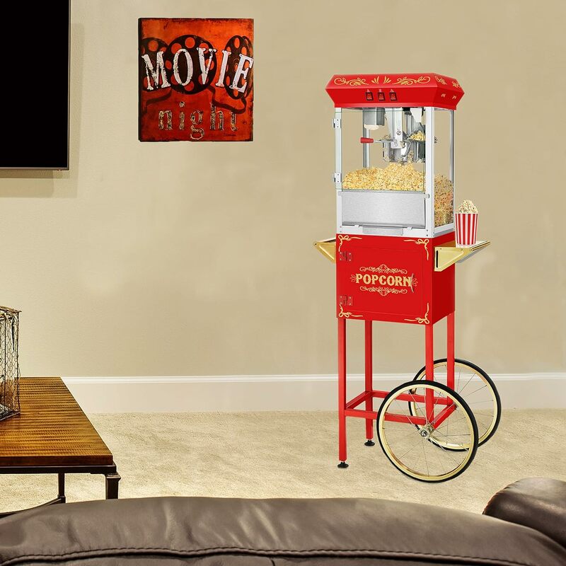 Movie Night Popcorn Machine, Popper antigo com carrinho, chaleira, gaveta Old Maids, bandeja de aquecimento, colher, 3 galões, 8oz