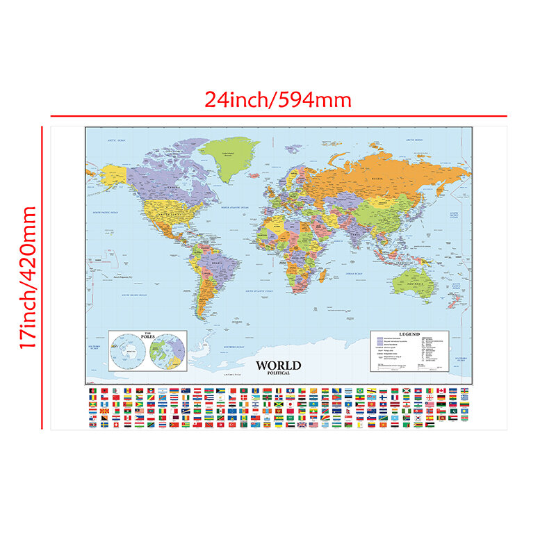 A2 Size World Map with Flags of Various Countries Fine Canvas Waterproof Wall Map School Office Classroom Wall Decoration