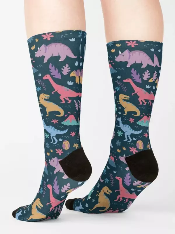 Calcetines deportivos con estampado de dinosaurio para hombre y mujer, medias con diseño de flores y volcanes, ideal para regalo