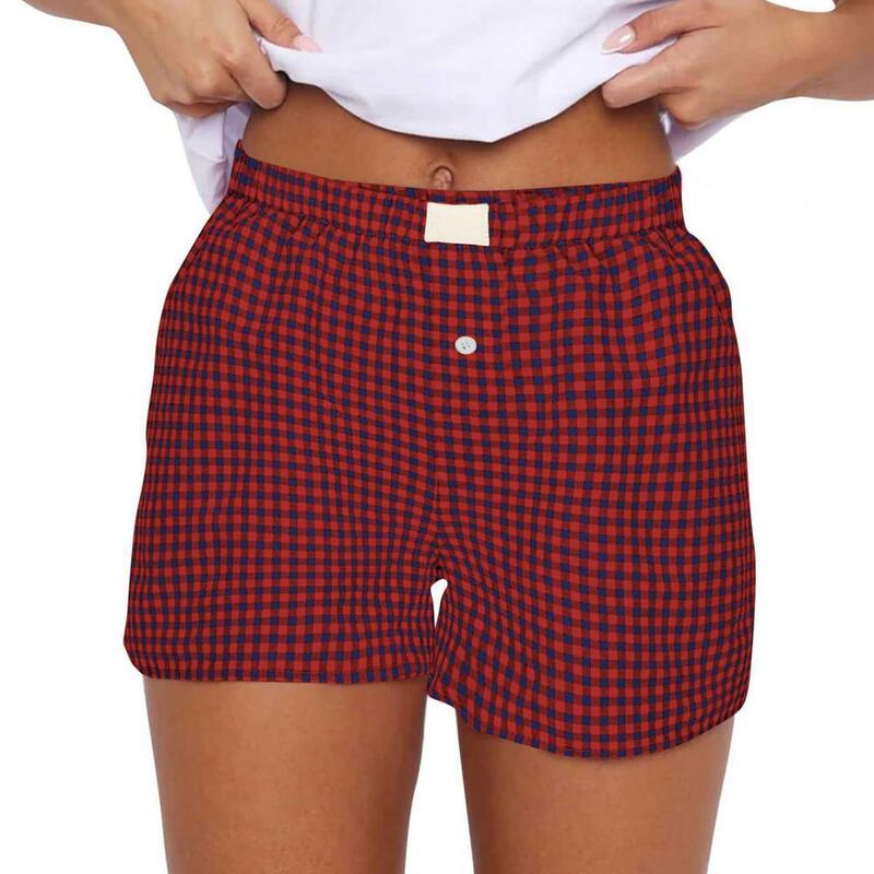 Pantalones cortos de verano de estilo Retro para mujer, estampado a cuadros con bolsillos laterales de cintura alta elástica, ropa informal diaria, vacaciones