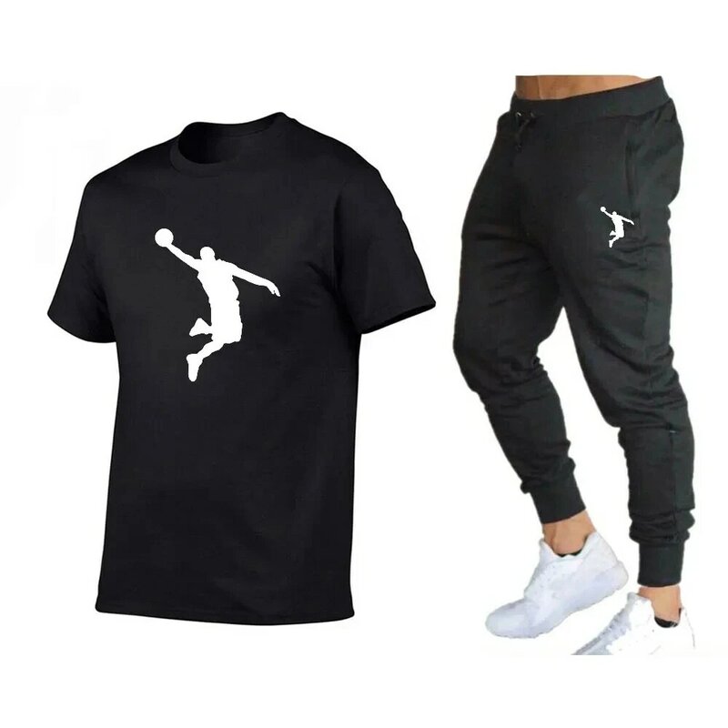 New men's set, classic plaid design, sports T-shirt and pants two-piece set suitable for casual sports