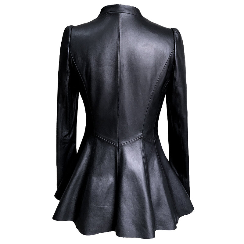 Chaqueta de cuero Pu suave delgada negra para mujer, cuello en V profundo, manga larga abullonada, Blazer elegante con falda de lujo, moda de otoño