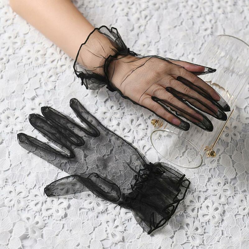 Thin Breathable Gloves Elegant Lace Wedding Gloves for Women Sheer Ruffle Full Finger Bridal Gloves for Prom Ball Stage
