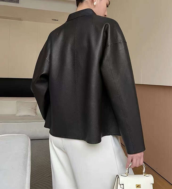 Женское кожаное пальто в японском стиле Харадзюку, Элегантная короткая куртка из овечьей кожи с квадратным вырезом и поясом в виде вены, кофейная куртка