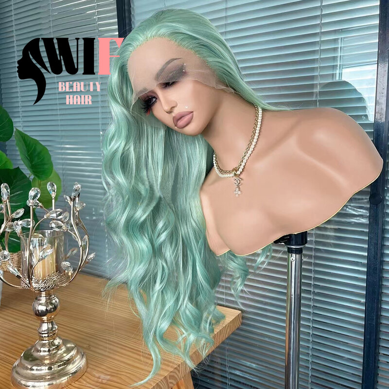 Wig sintetis gelombang tubuh hijau Mint untuk wanita penggunaan Cosplay rambut alami Wig depan renda panjang bergelombang tanpa lem panjang rambut modis