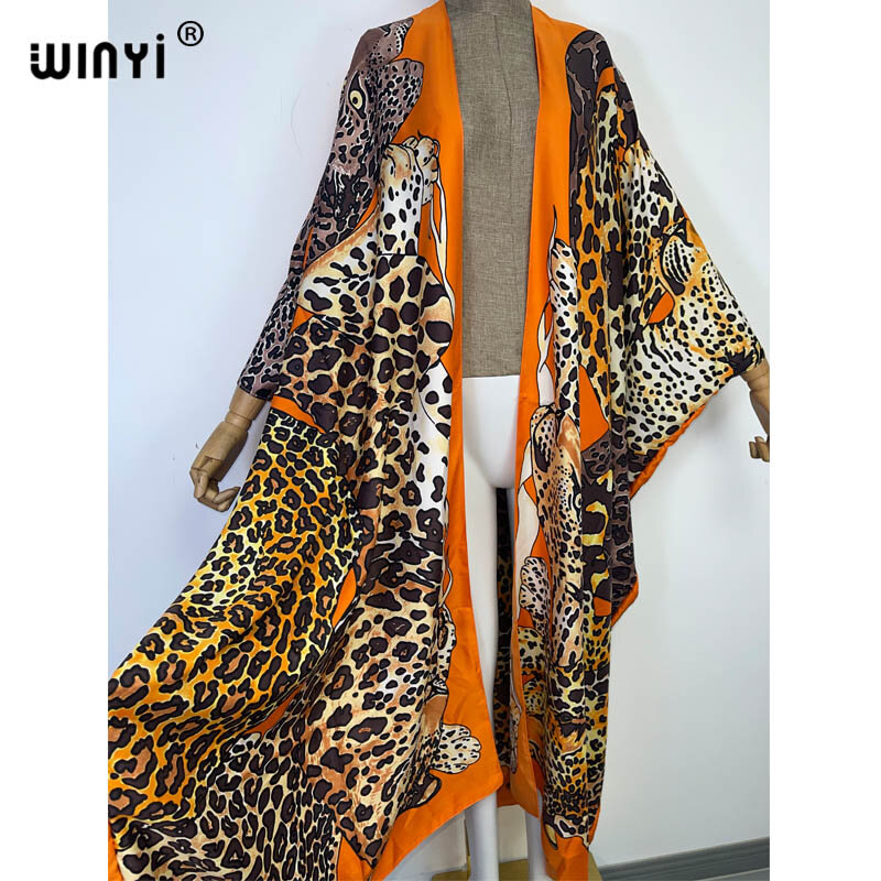 WINYI 2022 Africa leopard print Beach Wear Swim Suit Elegant Africa Women Boho Cardigan Sexy Holiday Long Sleeve Kimono Dress