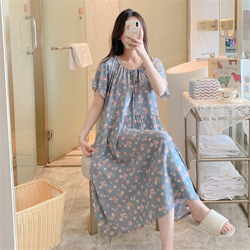 Loose Summer Thin Short Sleeves Nightgowns Women Printed Round Neck Long Nightdress Casual Breathable Viscose Sleepwear Homewear