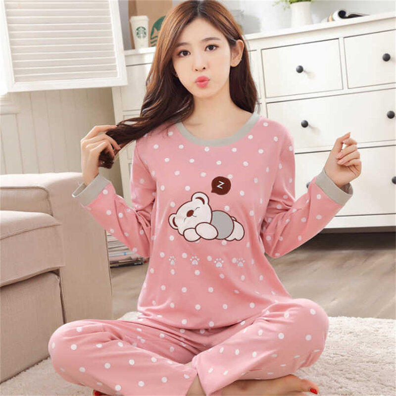 Pajamas For Women New Spring Autumn Long-Sleeved Trousers Pyjamas Set Simple Loose Round Neck Home Wear Large Size Suit 2024