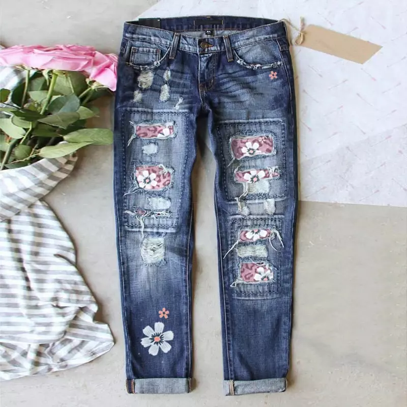 Jeans lavados estampados para mulheres, calças casuais de pernas largas, calças retas americanas, estilo High Street Ins, primavera e outono