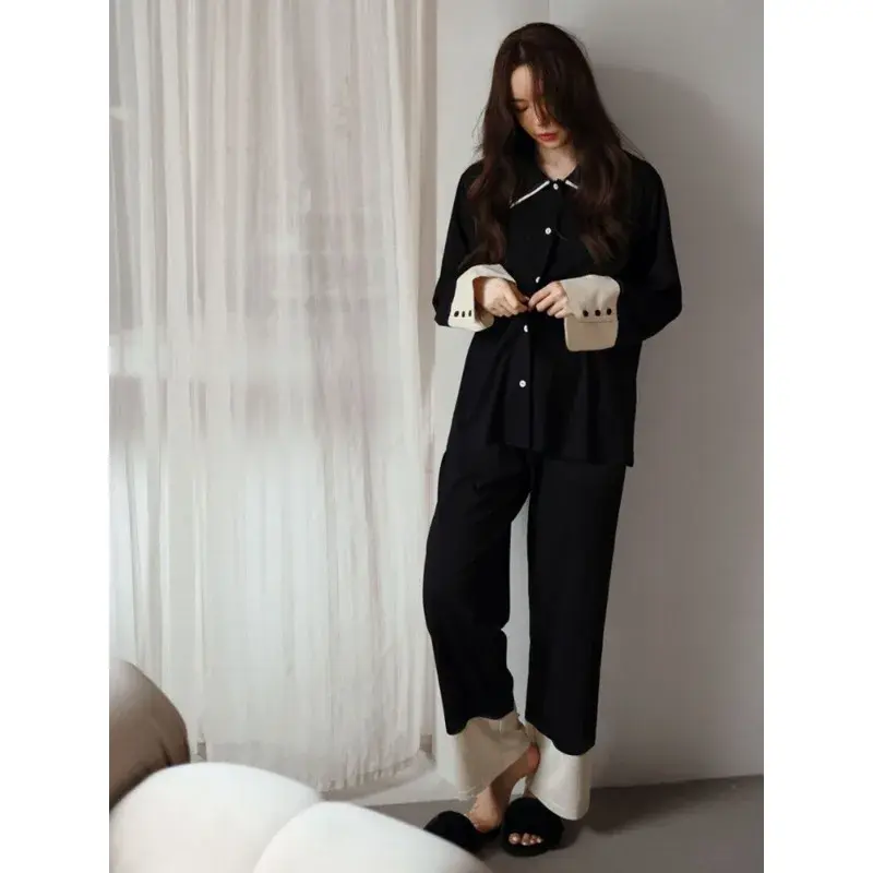 Women's Pajamas Set Spring and Autumn Korean Fashion Sweet and Lovely Loose Cardigan Long-sleeved Long Pants Two-piece Sleepwear
