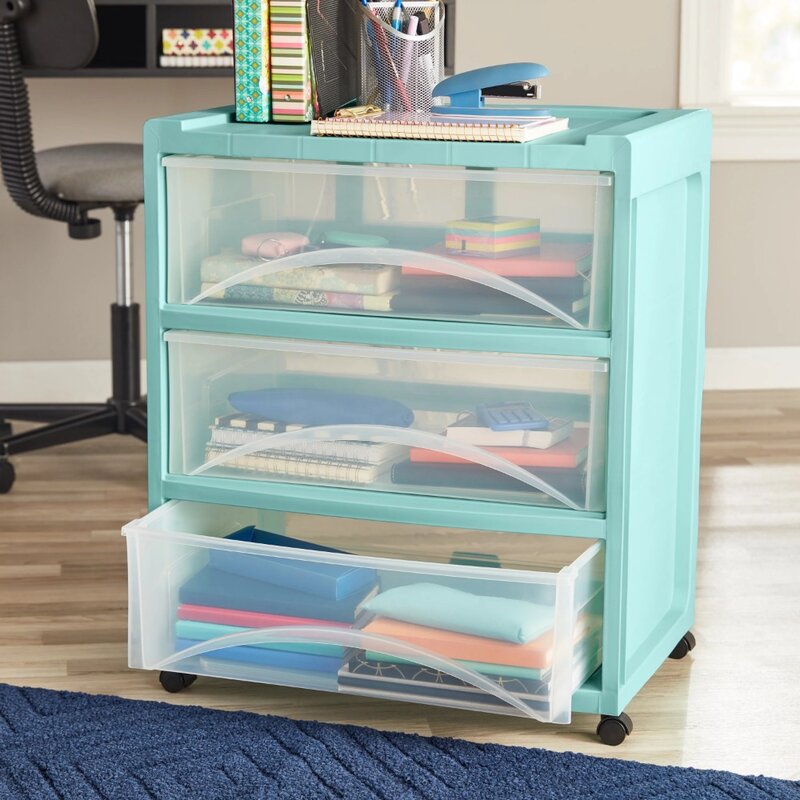 3 Drawer Wide Mint Storage Cart, File Cabinet for A4 And Larger Files