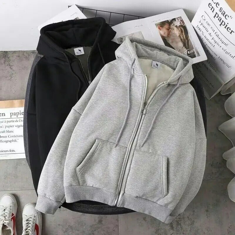 Mens Oversized Zip Up Hoodies Autumn Winter Fleece Hooded Solid Zipper Jacket Sweatshirt Korean Fashion Hoodie Men Tops Clothing