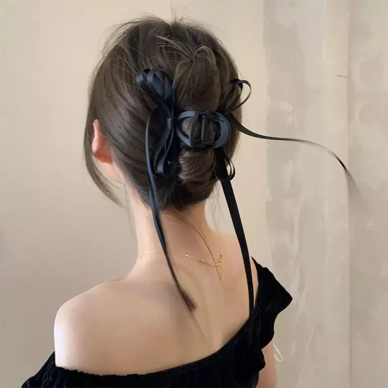 Ribbon Bow Hair Grab Hairpin For Women Elegant Back Head Pan Hair Frosted Hairclip Shark Clip Fashion Hair Accessories 2024