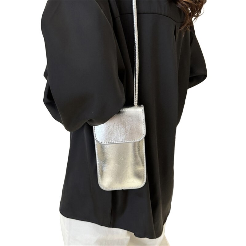Carteira couro para celular tipo moeda, mini bolsa para telefone com alça ombro