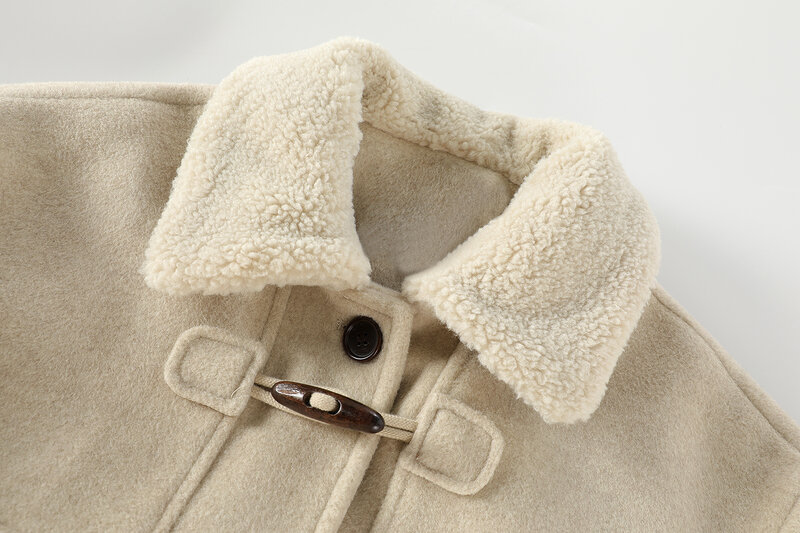 Mantel wol tebal wanita, mantel berlapis tebal musim gugur dan musim dingin, mantel kancing tanduk untuk wanita