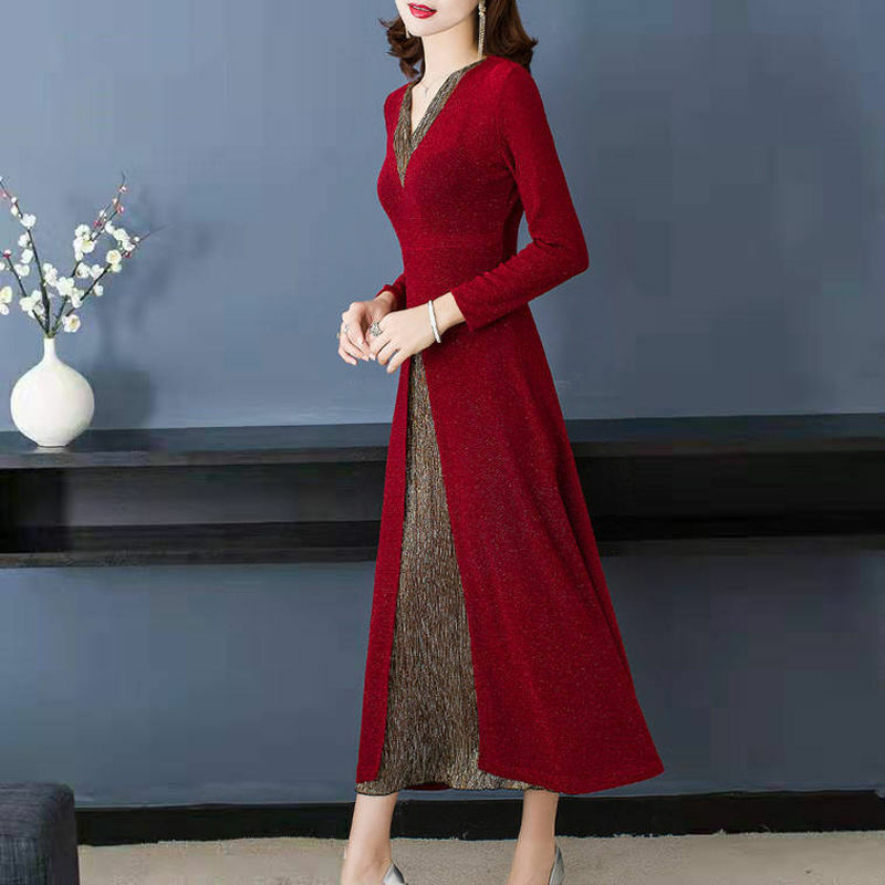 Busana Elegan Baru Warna Solid Patchwork V-neck Lengan Panjang Gaun Musim Gugur Musim Dingin Kekaisaran Antik Ramping Pakaian Wanita 2022