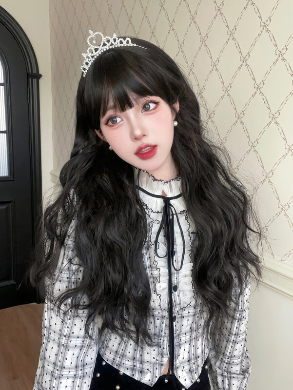 26Inch Jet Black Synthetic Wigs with Bang Long Natural Wavy Hair Wig for Women Daily Use Cosplay Party Heat Resistant Lolita