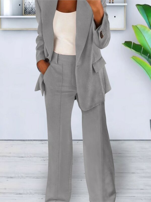 Terno monocromático feminino de duas peças, blazer com bolsos, manga comprida, simples e casual, elegante e elegante, calça feminina de escritório, outono e inverno