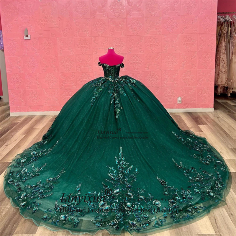Vestido de baile de princesa com pérolas de cristal, Vestidos Quinceanera retrô, Apliques verdes, 16 anos, 15 anos