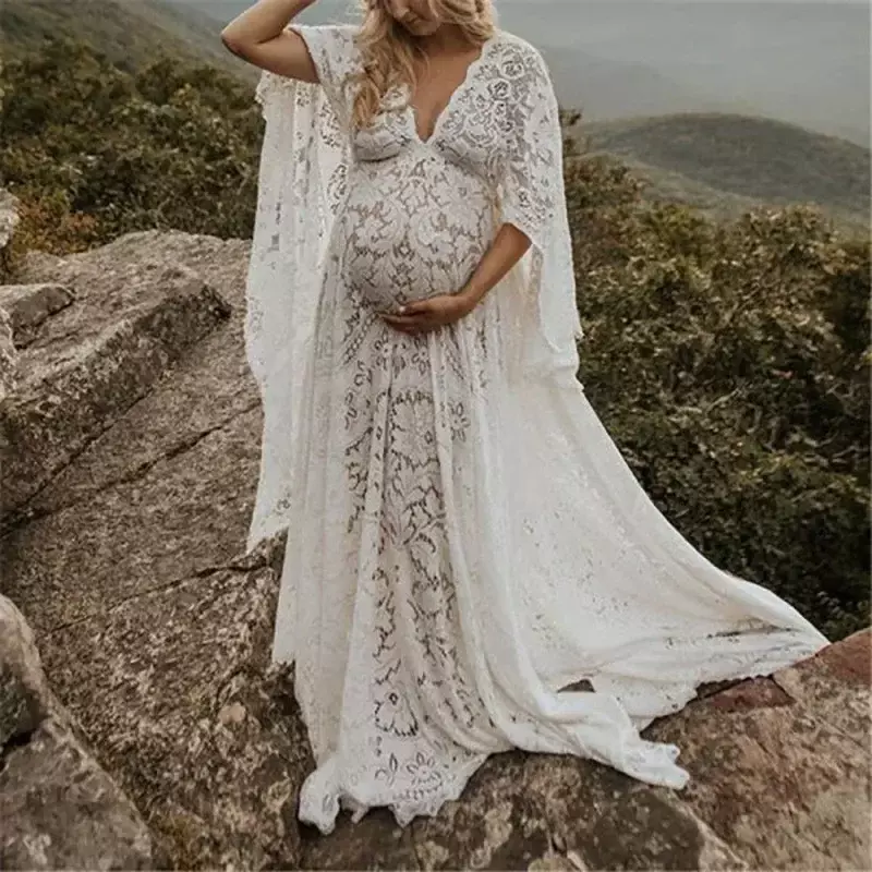Vintage koronkowa sukienka ciążowa rękaw w kształcie skrzydła nietoperza Boho dla długa suknia w ciąży fotografia do robienia zdjęć rekwizyty ubrania na Baby Shower