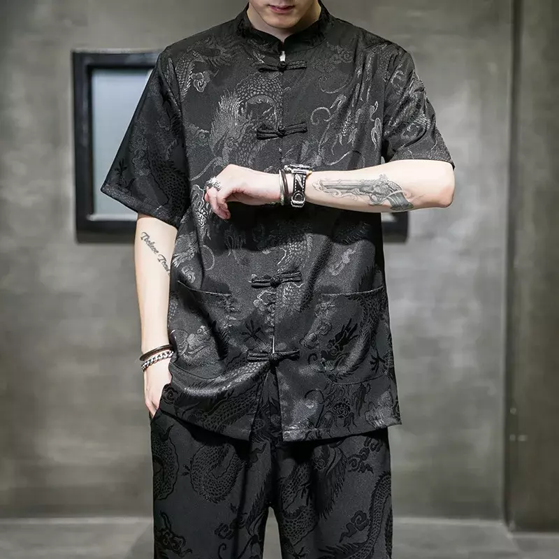 เสื้อจีนสำหรับผู้ชายเสื้อแจ็คการ์ดลายมังกรชุดจีนฝ้ายลินินคอตั้ง kemeja lengan pendek ผู้ชายฤดูร้อน
