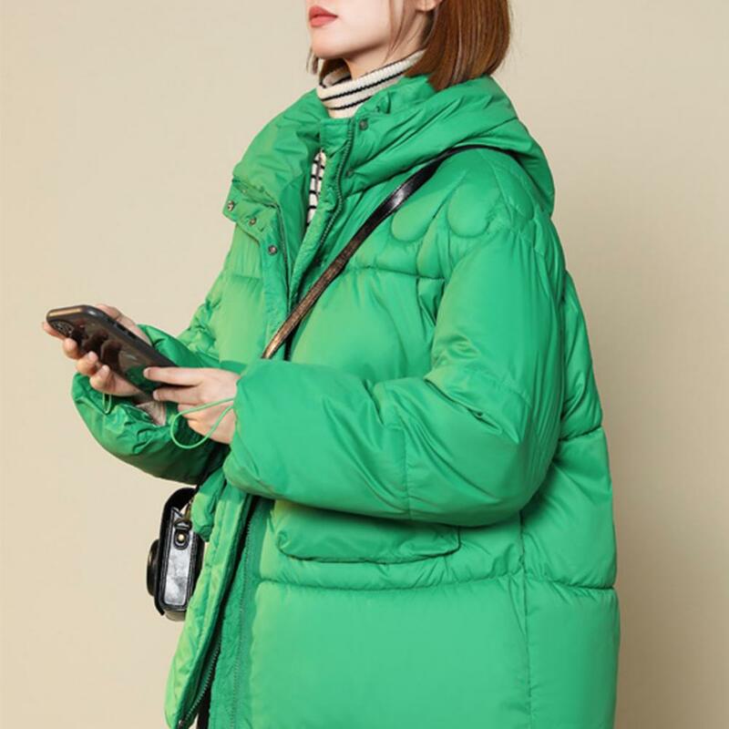Zimowy puchowy płaszcz z długimi rękawami jednokolorowy kardigan z kapturem utrzymuj ciepły zamek zagęścić w stylu Casual, damska kurtka zimowa na zewnątrz