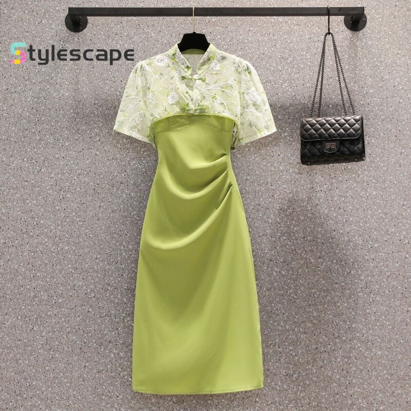 Duży rozmiar ulepszona qipao sukienka damska letnia sukienka na szelkach z rozcięciem koszula ogromny wyszczuplający Temperament dwuczęściowy zestaw