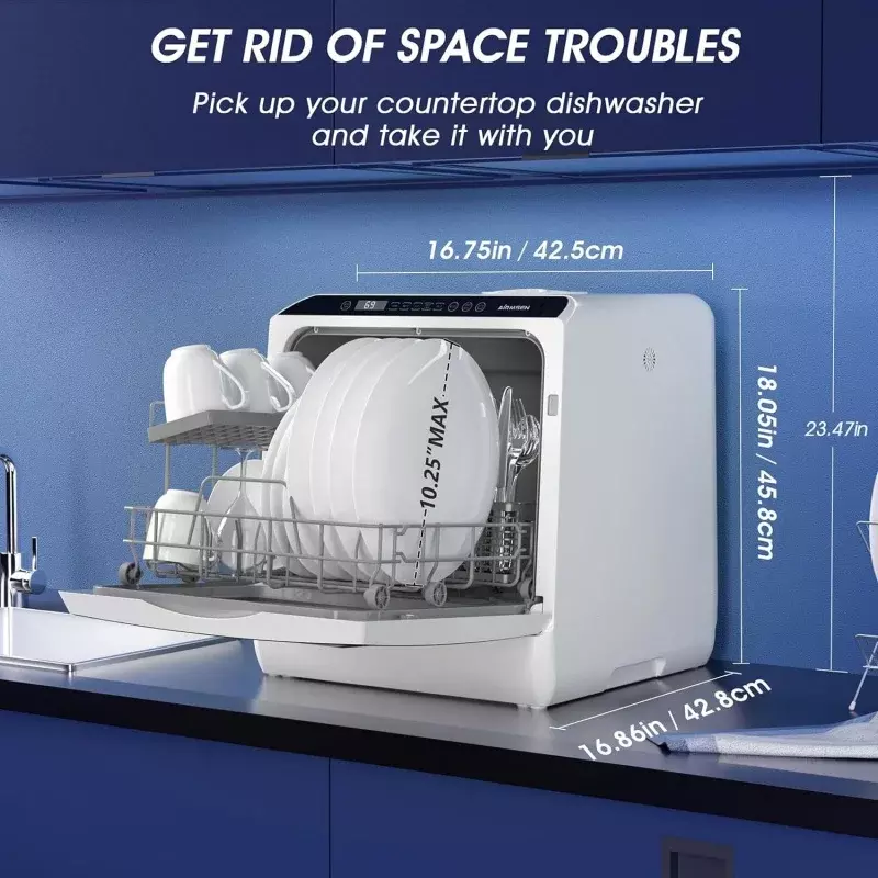 Эргономичная портативная настольная посудомоечная машина AIRMSEN, компактная мини-посудомоечная машина с 5-литровым встроенным резервуаром для воды и функцией воздушной сушки