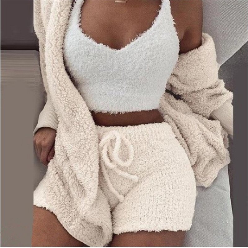 Navel Exposed 3 Pieces Women Winter Home Clothing Plush Deep-V Neck Vest Many Colors With Lanyard Short Trousers Newest In Stock