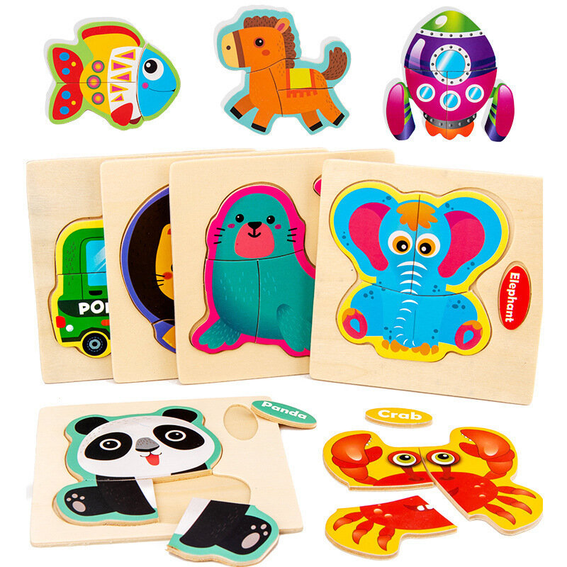 Rompecabezas de madera para niños, juguetes educativos tempranos de madera 3d de animales de dibujos animados, inteligencia para niños